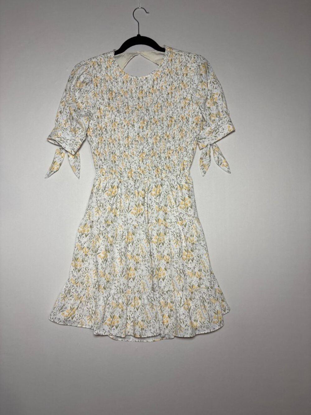 Altar'd State White Yellow Floral Smocked Open Tie Back Tiered Mini Dress Size S